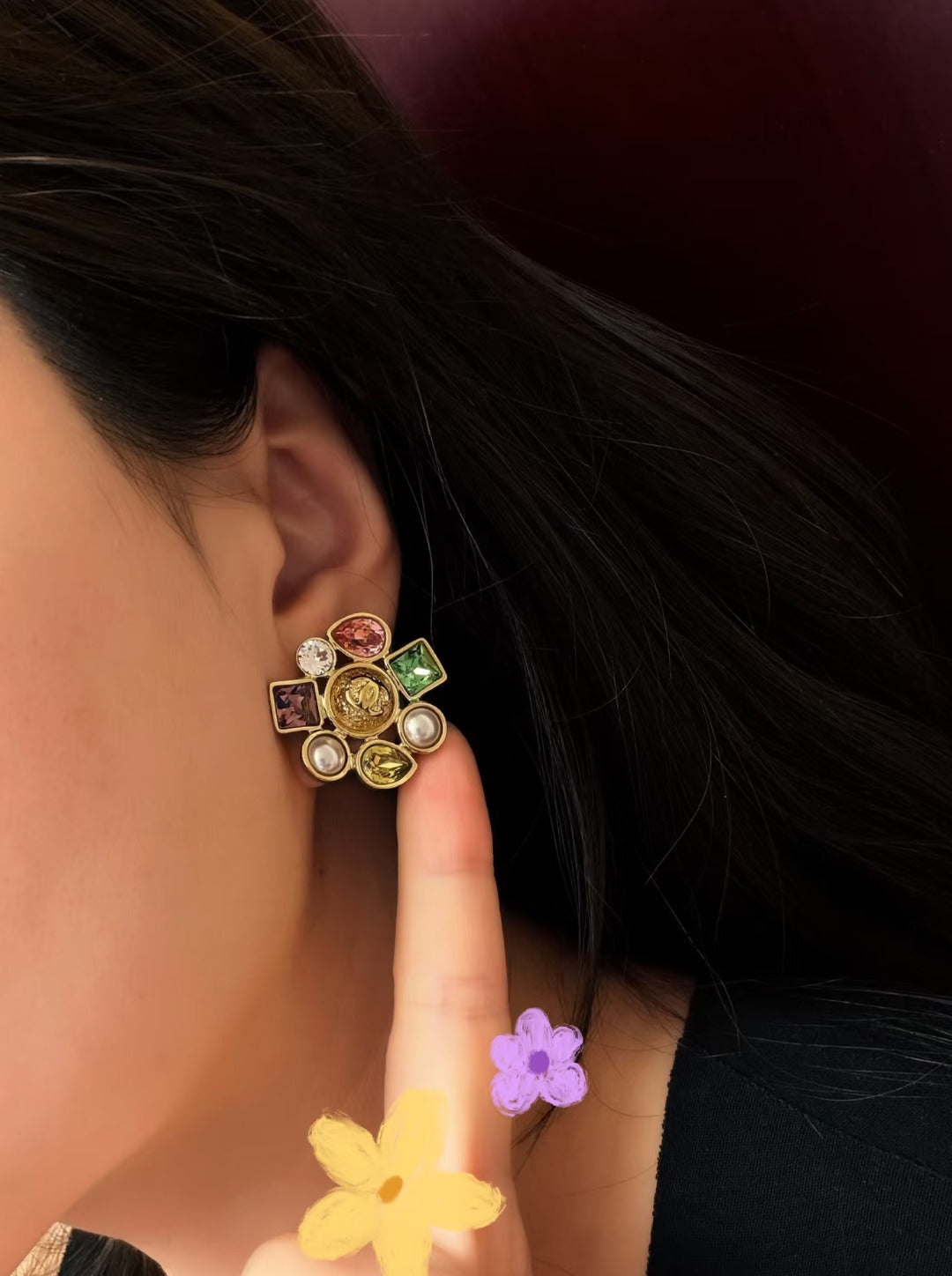 gold pearl letter Stud Earrings for women - alternate angle view 8