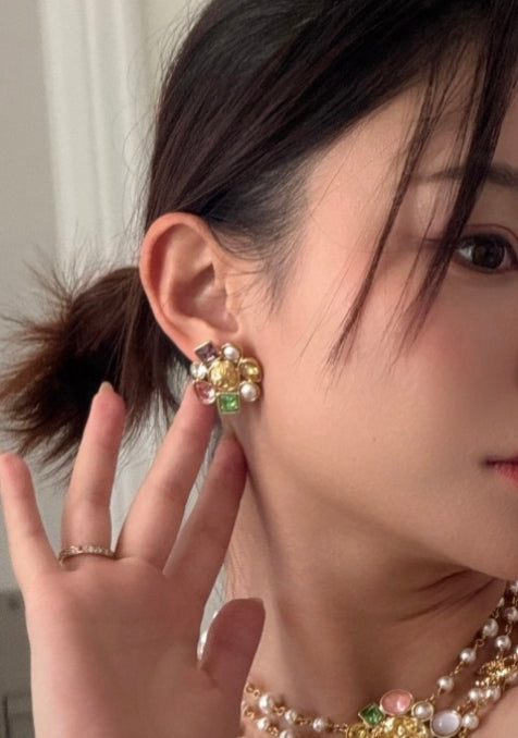gold pearl letter Stud Earrings for women - alternate angle view 2