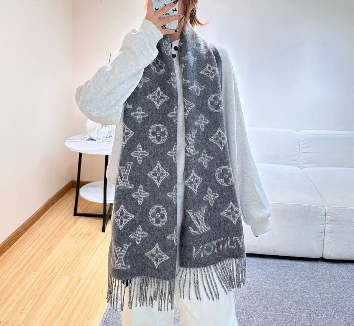 beige wool floral Scarf for women - product detail view