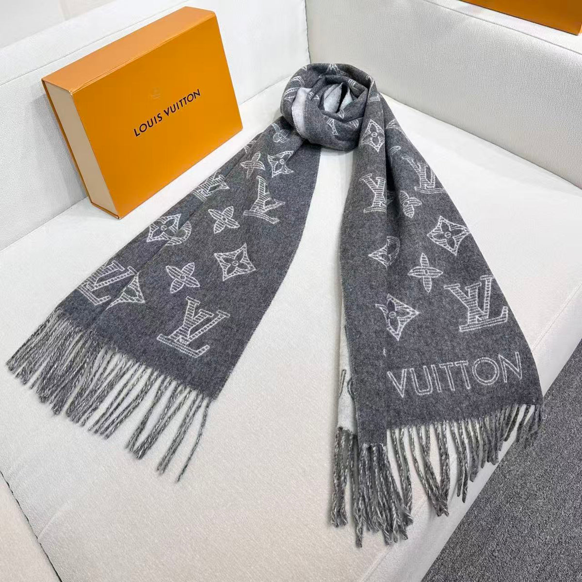 beige wool floral Scarf for women - alternate angle view 5