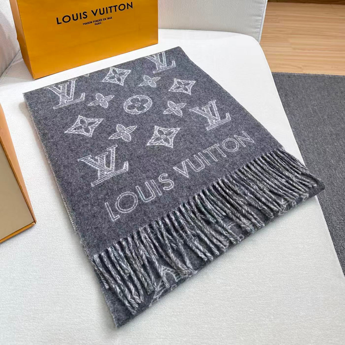 beige wool floral Scarf for women - alternate angle view 3