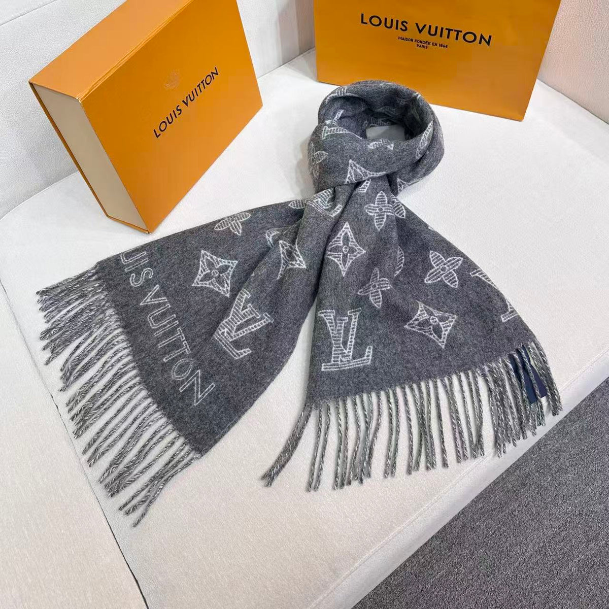 beige wool floral Scarf for women - alternate angle view 6