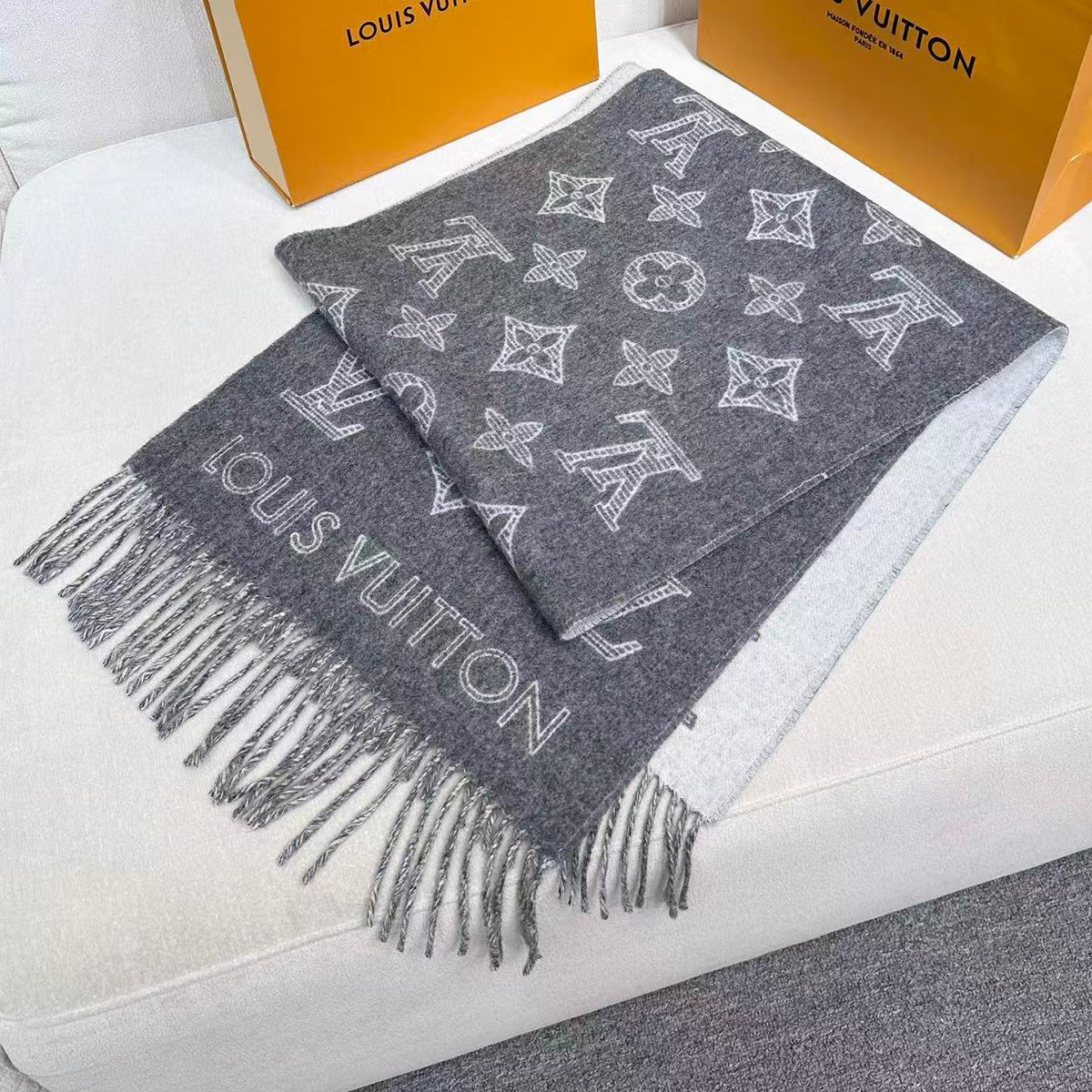 beige wool floral Scarf for women - alternate angle view 7