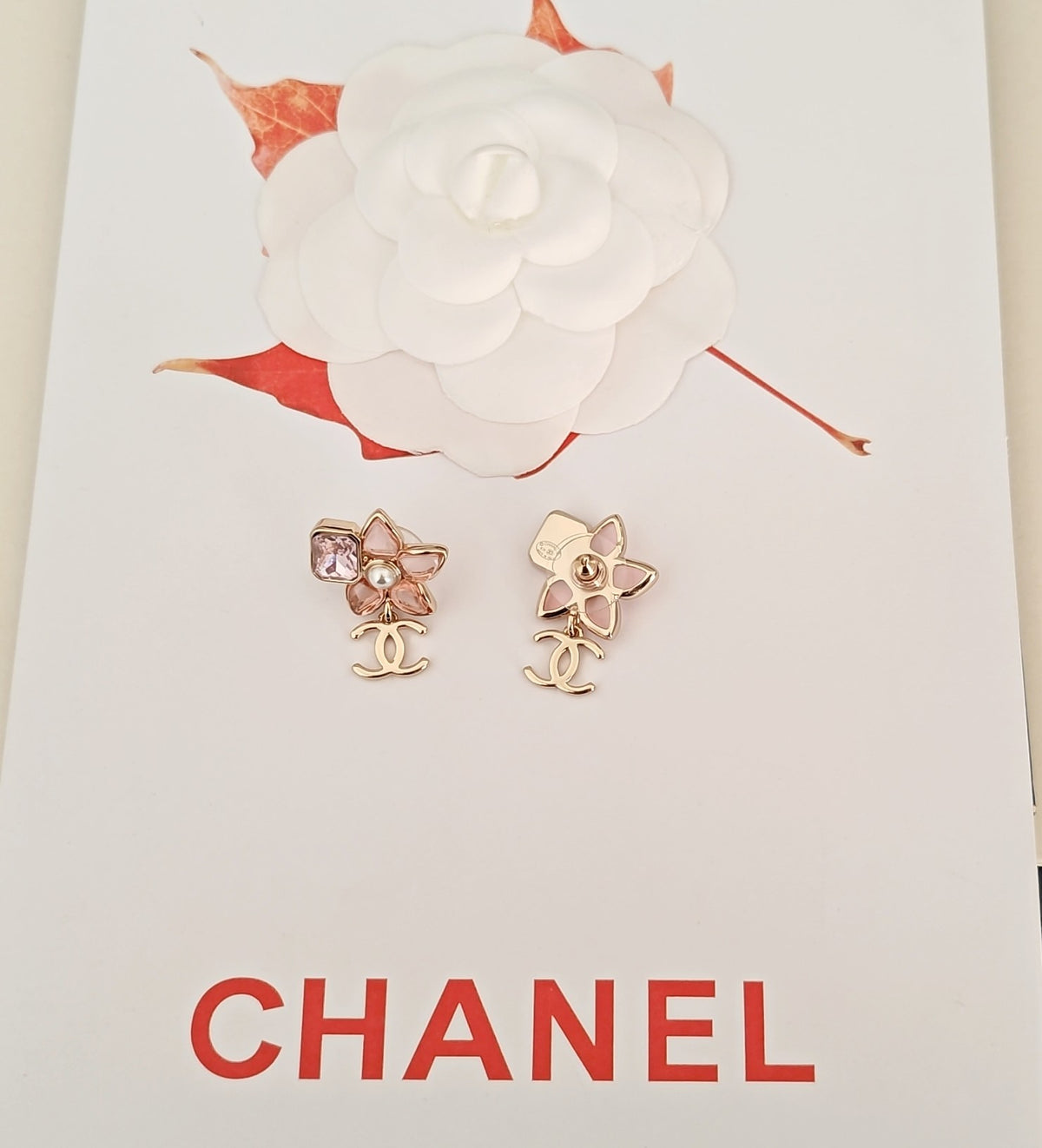 pink brass floral Drop Earrings for women - alternate angle view 4