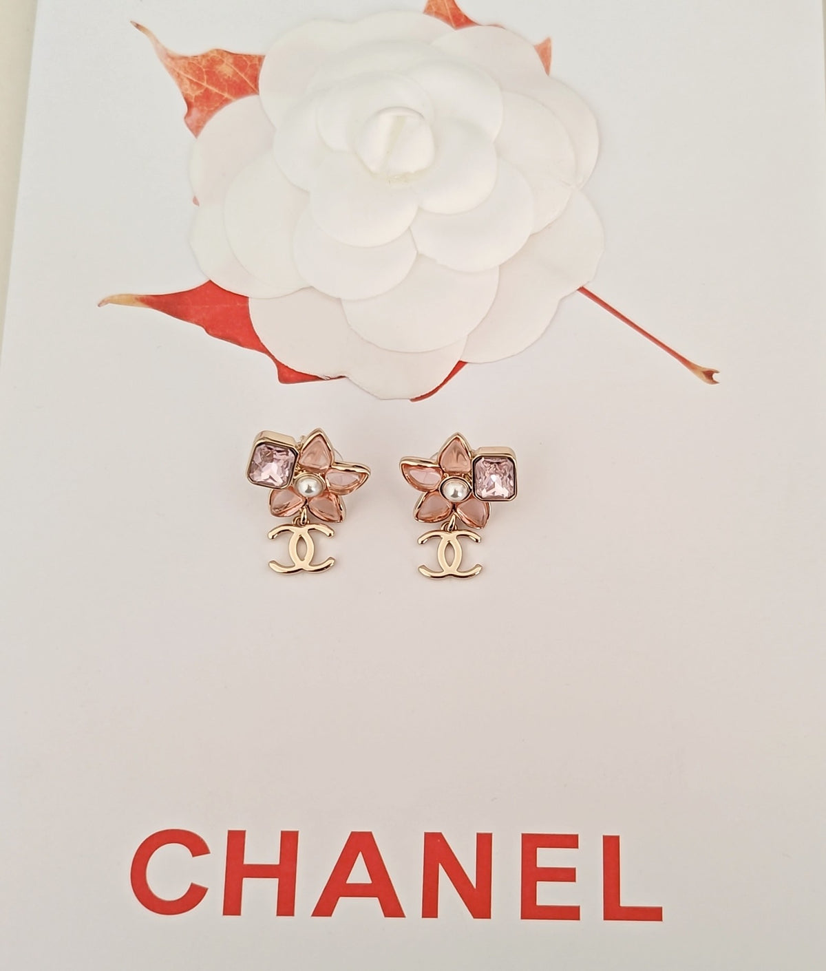 pink brass floral Drop Earrings for women - alternate angle view 3