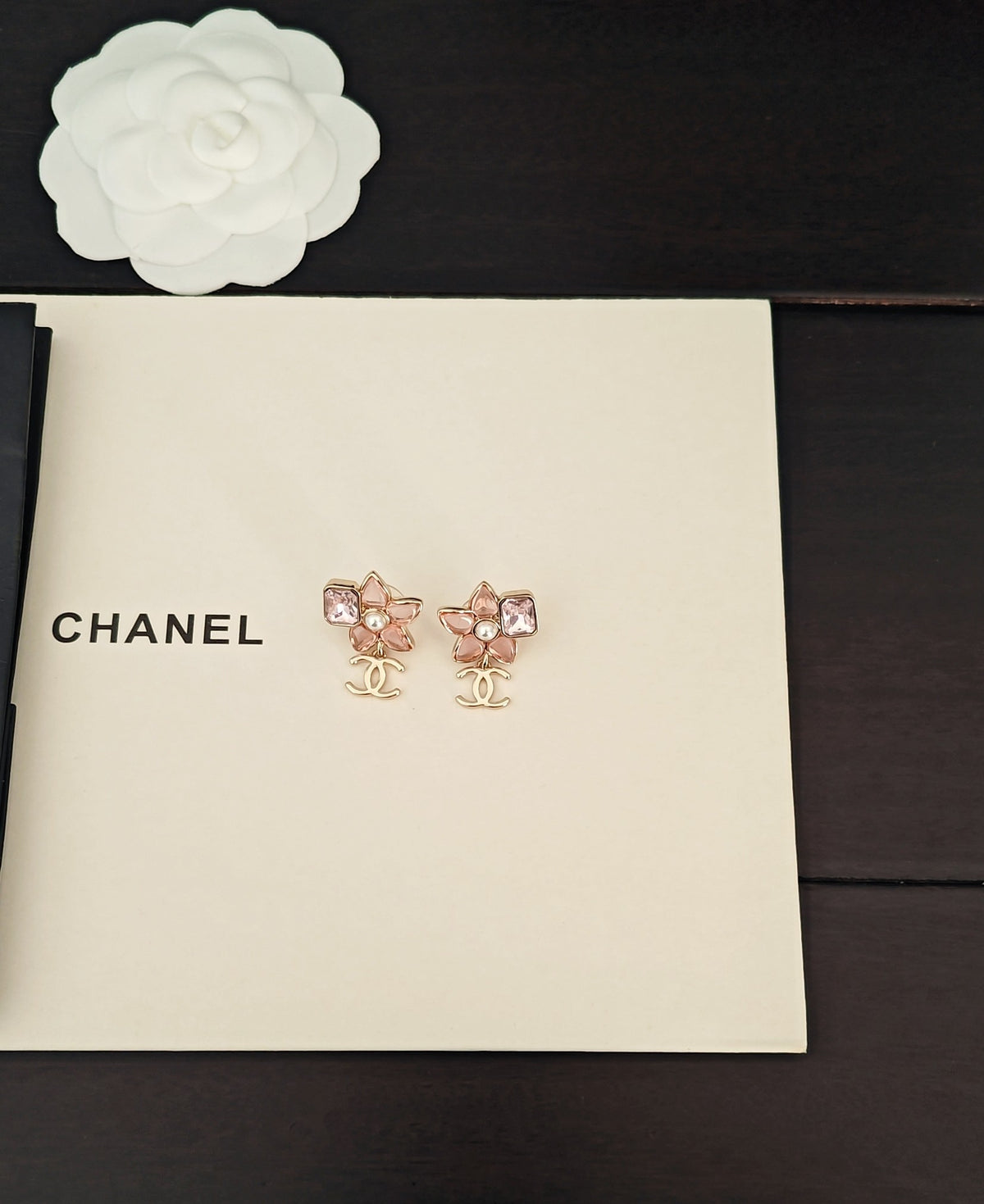 pink brass floral Drop Earrings for women - alternate angle view 2