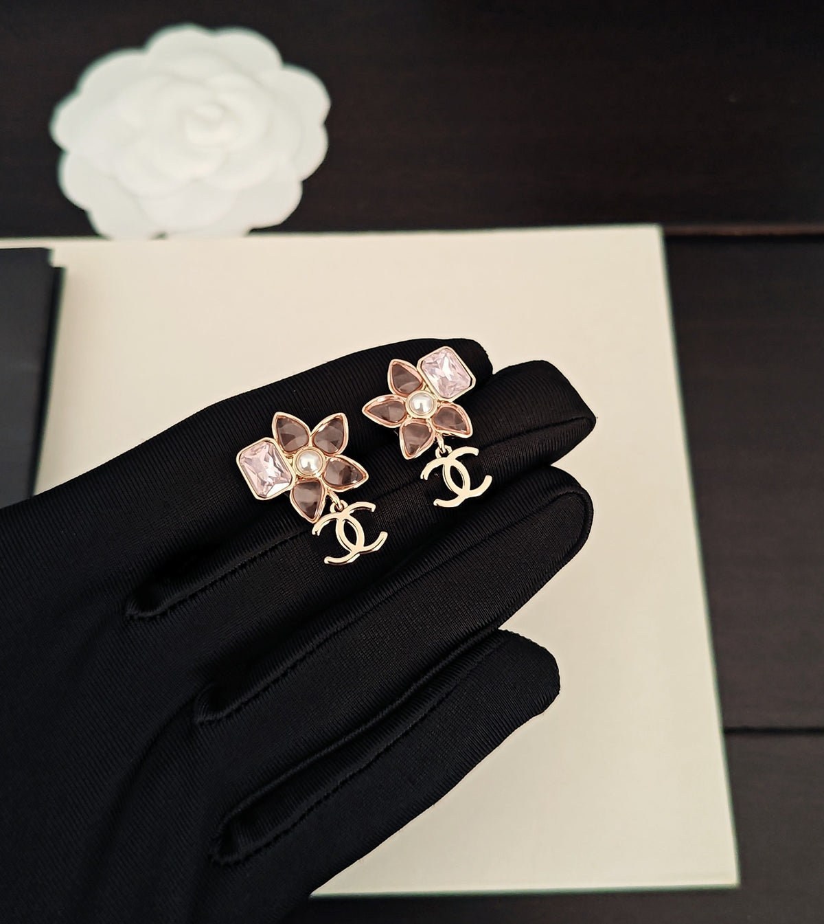 pink brass floral Drop Earrings for women - product detail view