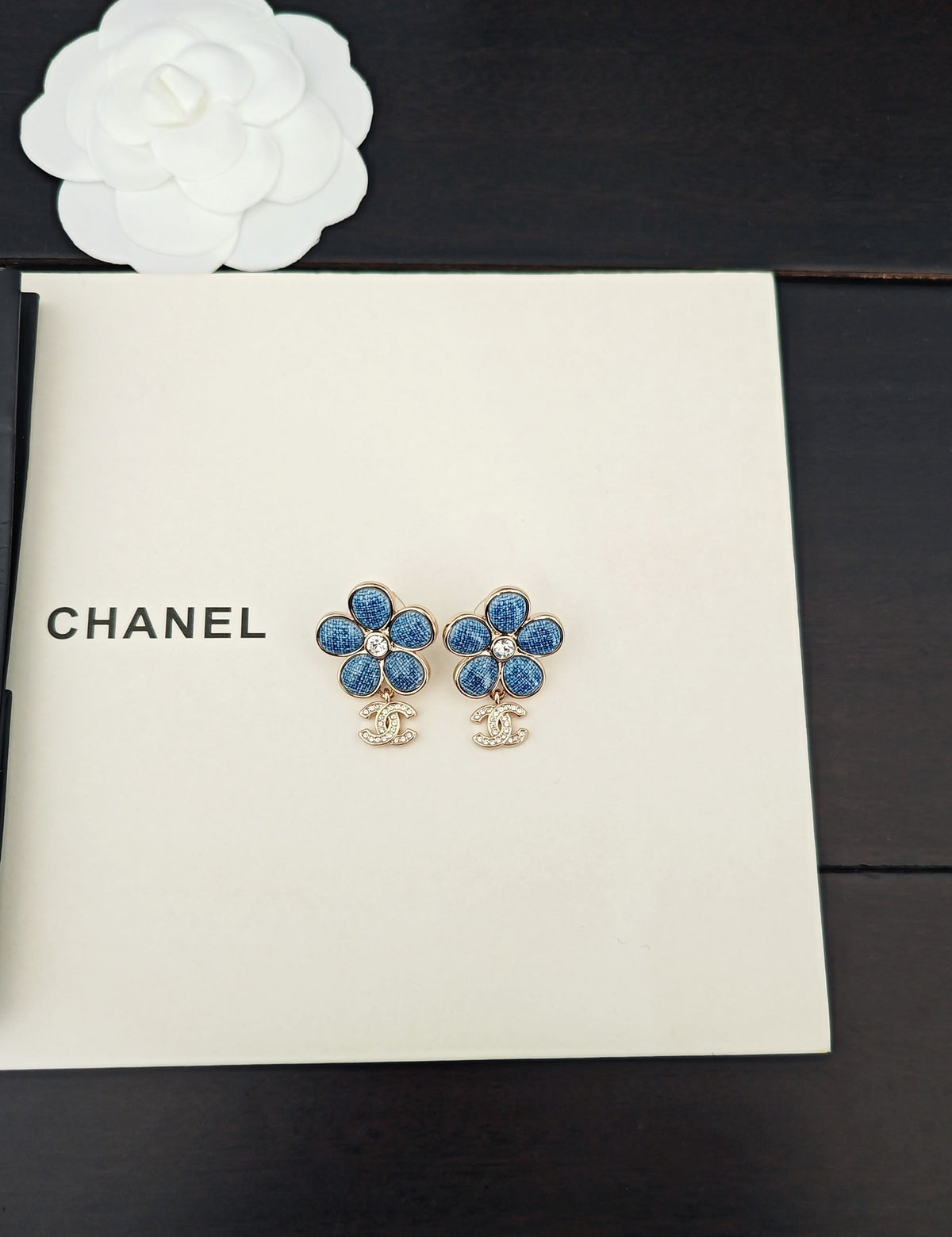blue brass floral Drop Earrings for women - alternate angle view 5