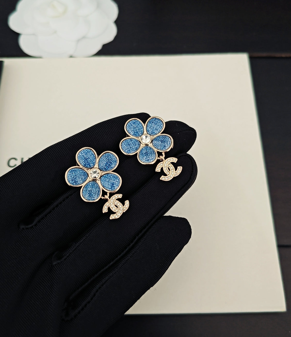 blue brass floral Drop Earrings for women - product detail view