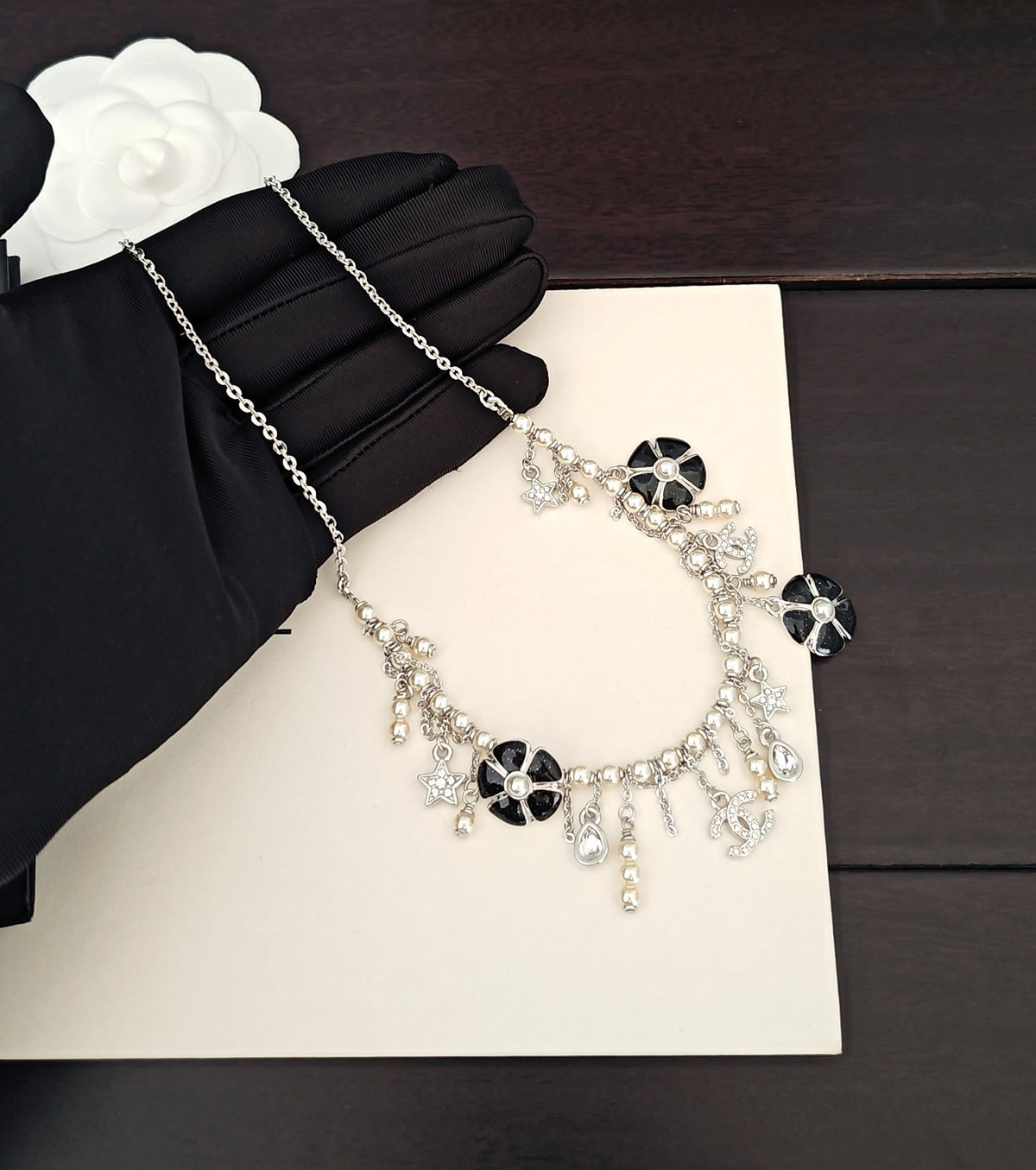 white gold brass floral Necklace for women - alternate angle view 2