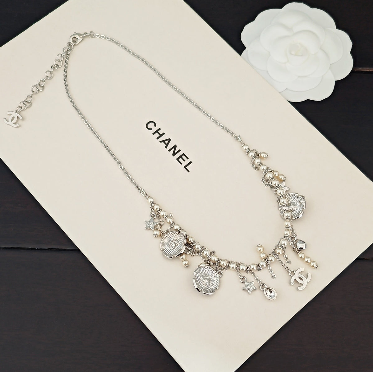 white gold brass floral Necklace for women - alternate angle view 3