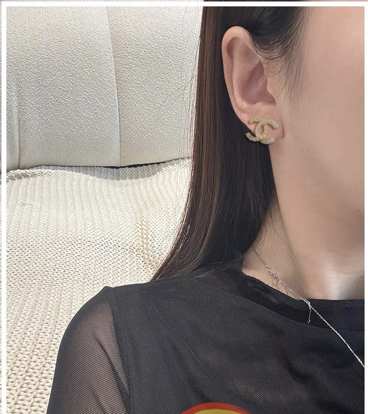 yellow sterling silver letter Stud Earrings for women - alternate angle view 2