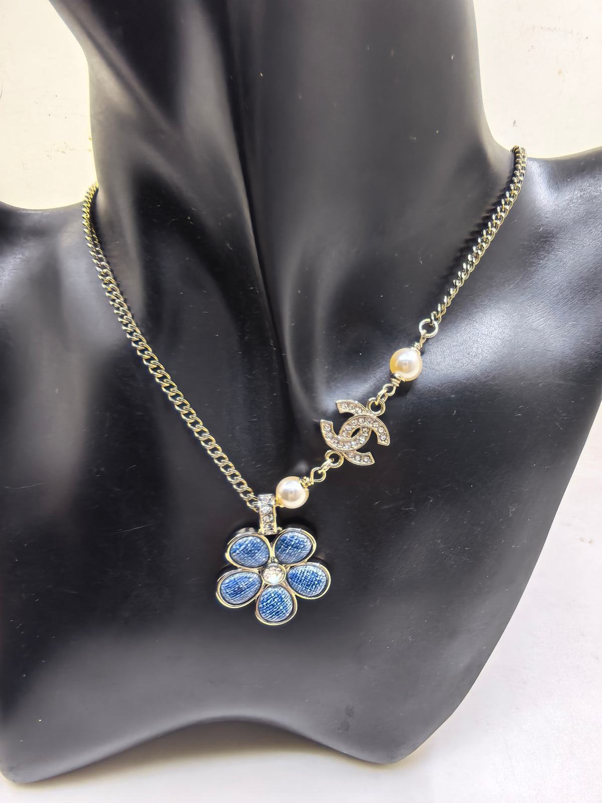blue brass floral Necklace for women - alternate angle view 2