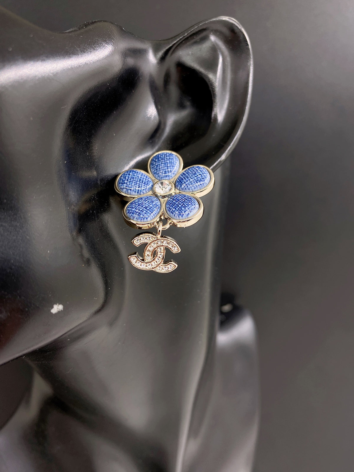 blue brass floral Drop Earrings for women - alternate angle view 2