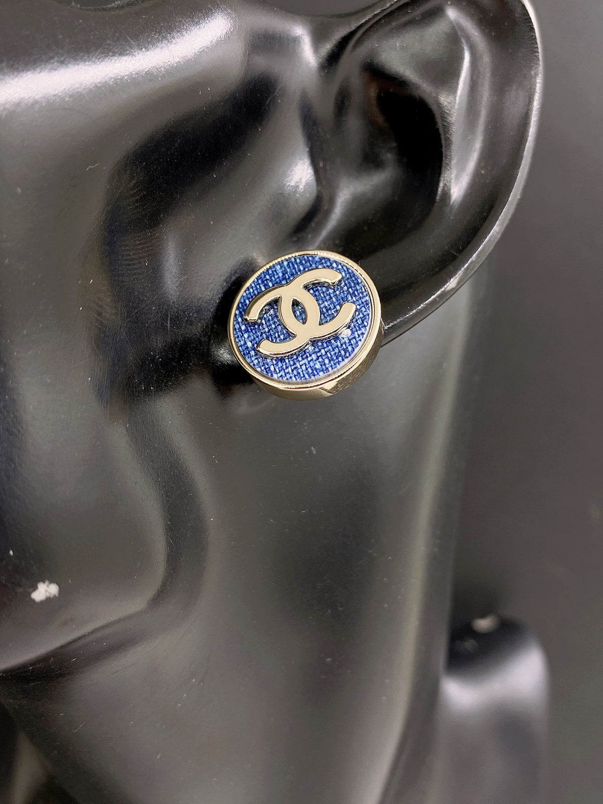 blue brass Stud Earrings for women - alternate angle view 2