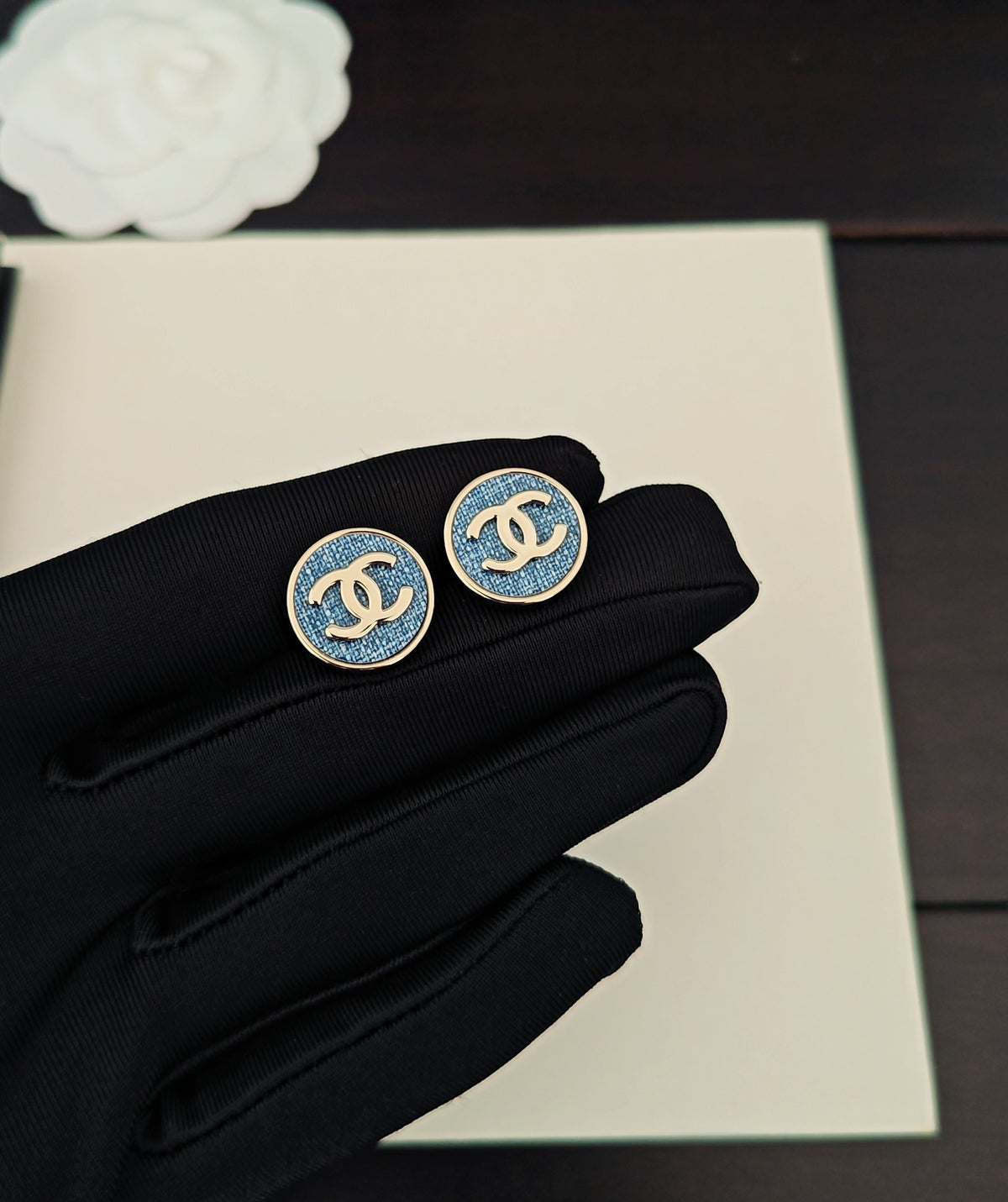blue brass Stud Earrings for women - alternate angle view 3