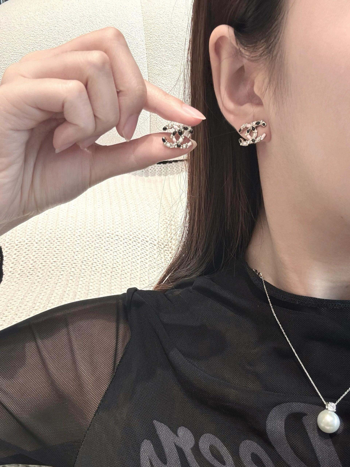 pink pearl letter Stud Earrings for women - alternate angle view 2