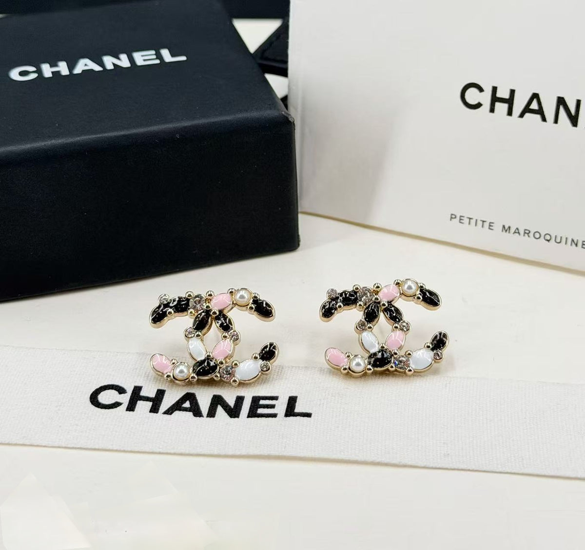 pink pearl letter Stud Earrings for women - product detail view