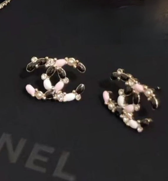 pink pearl letter Stud Earrings for women - alternate angle view 3
