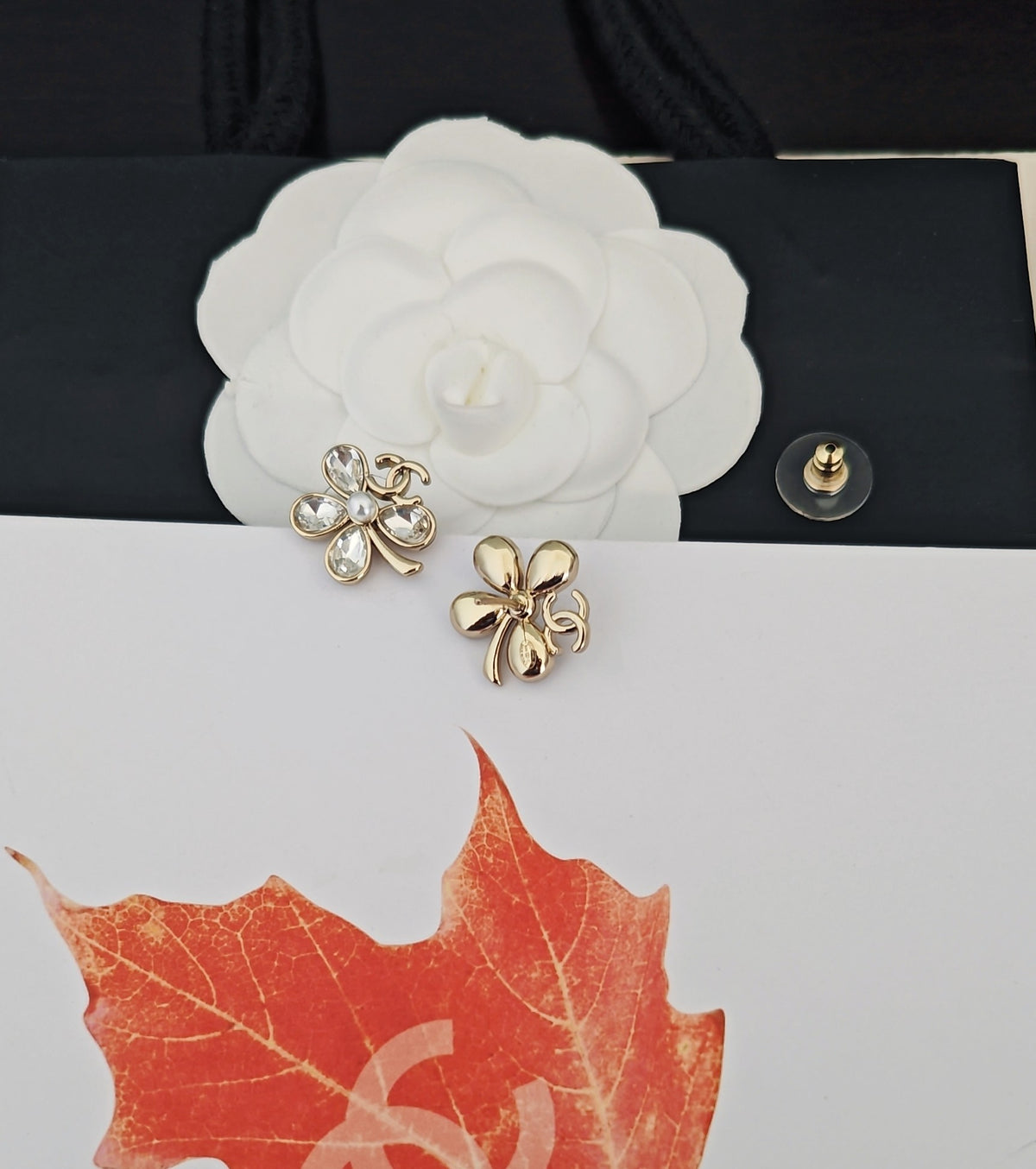 yellow brass floral Stud Earrings for women - alternate angle view 3