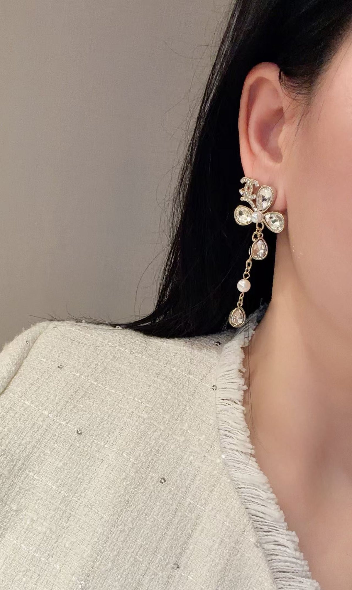 light gold pearl floral Drop Earrings for women - alternate angle view 2