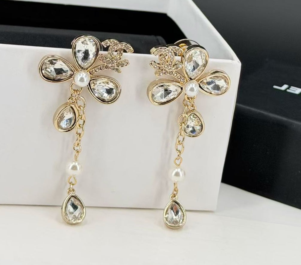 light gold pearl floral Drop Earrings for women - alternate angle view 7
