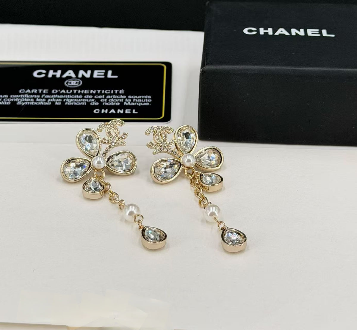 light gold pearl floral Drop Earrings for women - alternate angle view 3