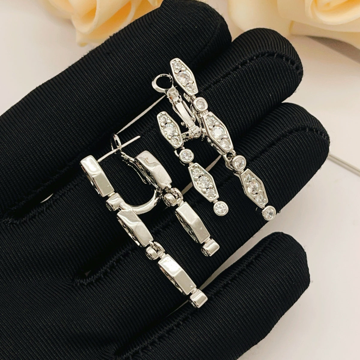 silver brass tassel Stud Earrings for women - alternate angle view 4