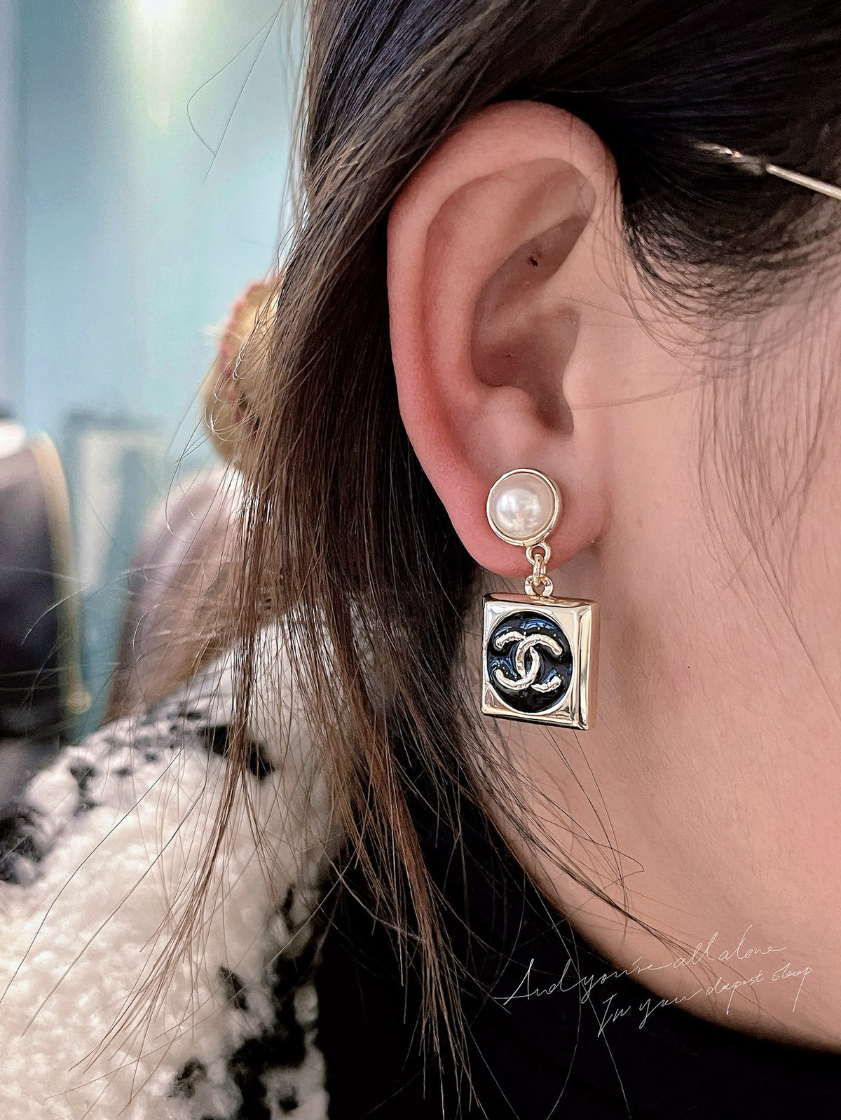 black and white pearl letter Drop Earrings for women - alternate angle view 9