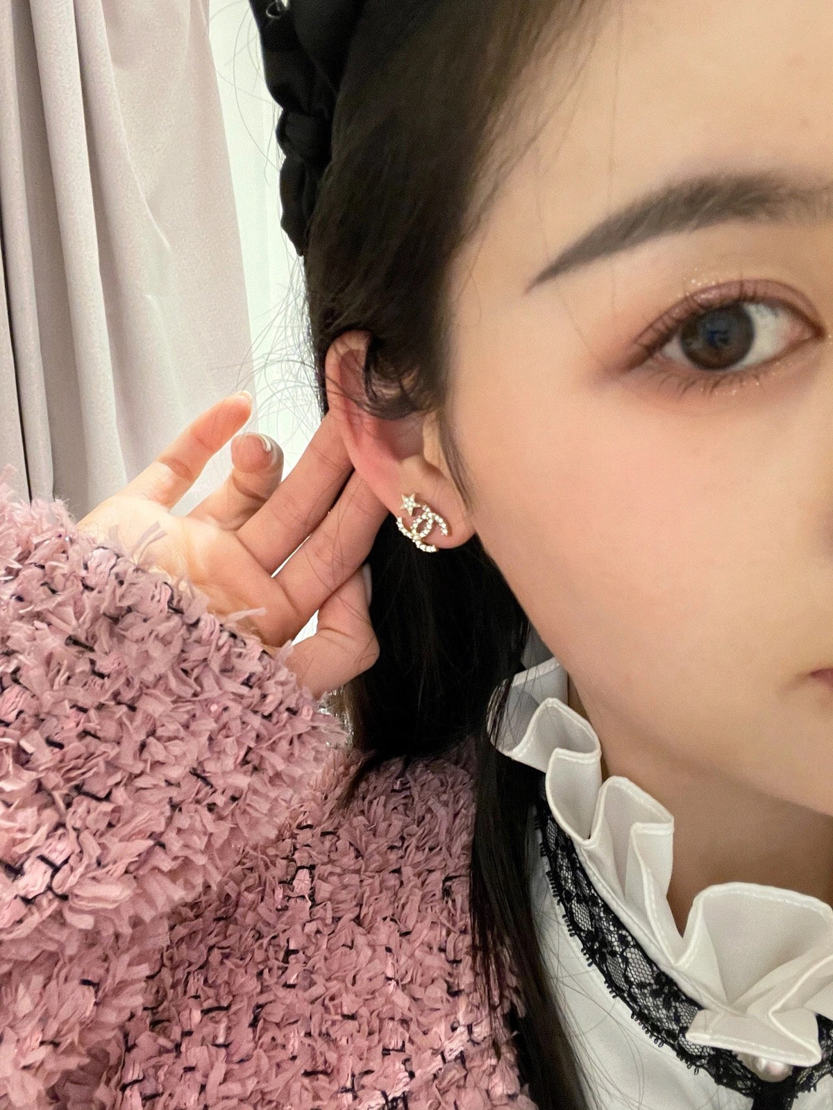 pink crystal letter Stud Earrings for women - alternate angle view 2