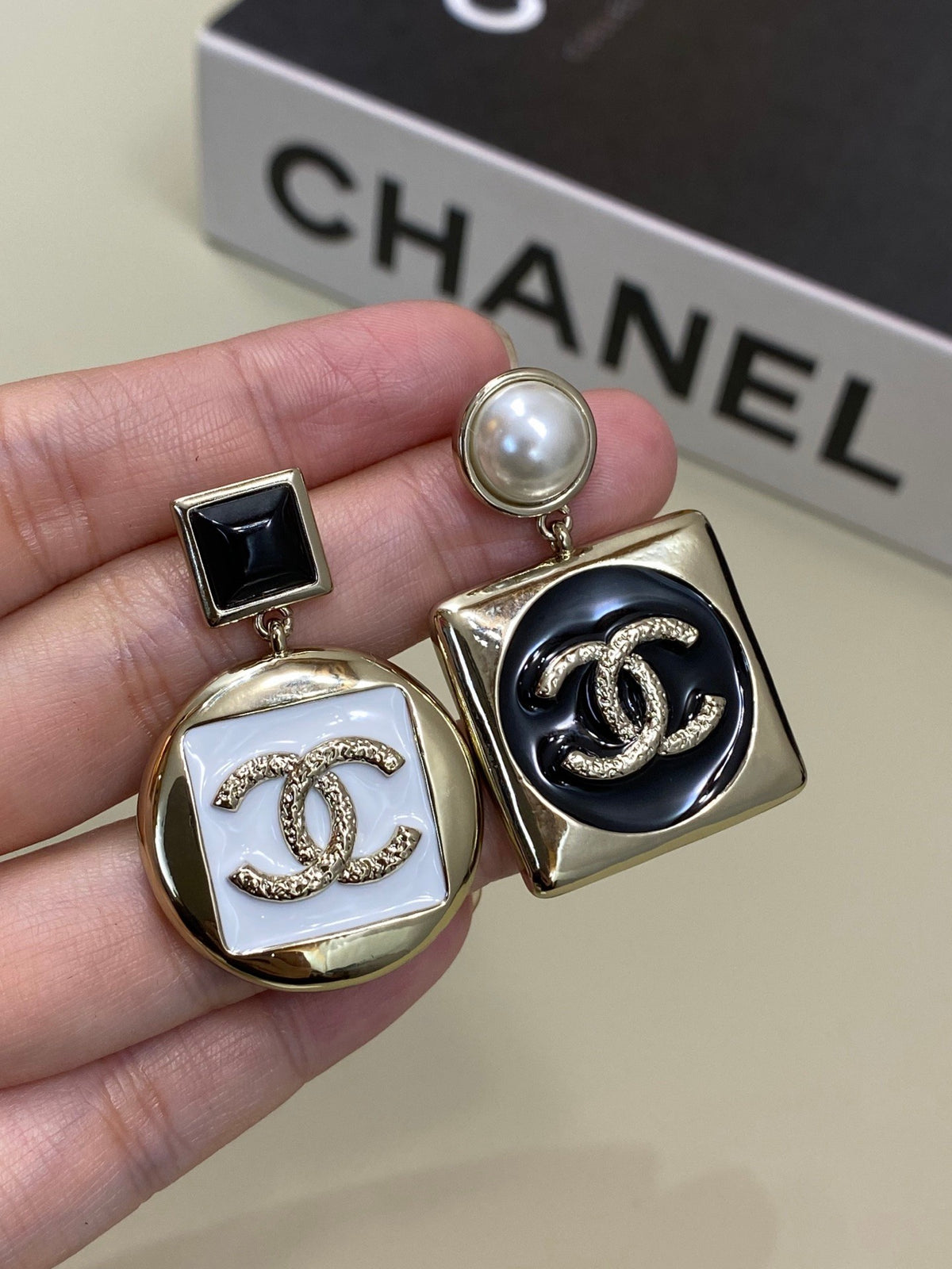 black and white pearl letter Drop Earrings for women - alternate angle view 4