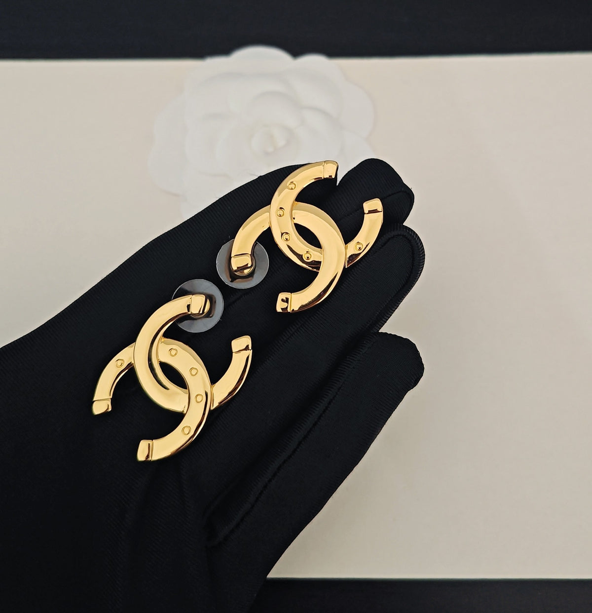 yellow brass Stud Earrings for women - alternate angle view 3