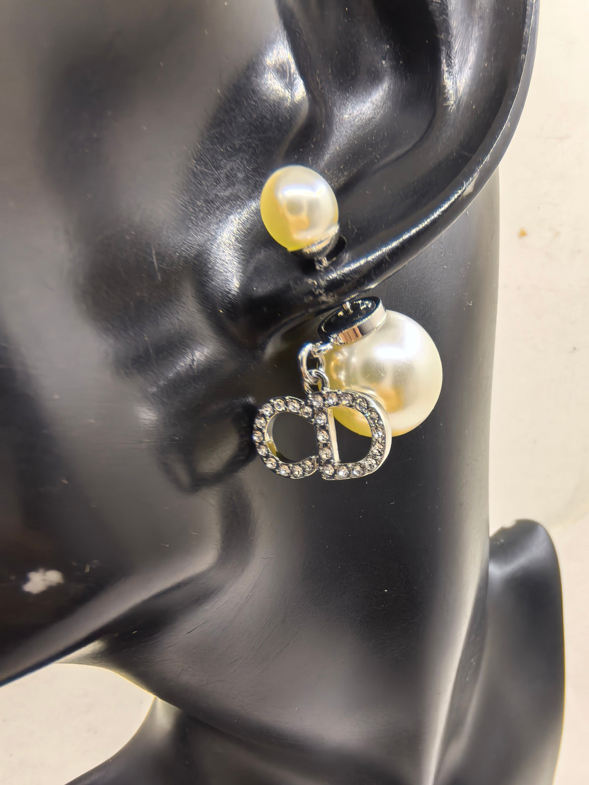 white gold brass pearl Stud Earrings for women - alternate angle view 2