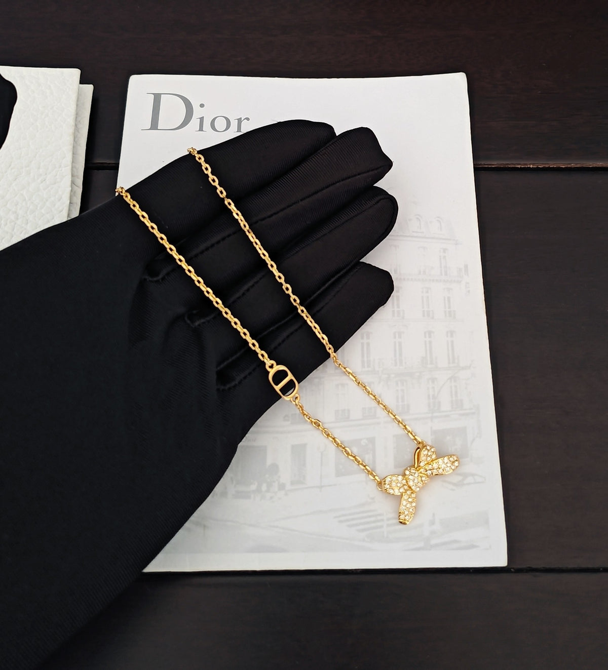 yellow brass butterfly Necklace for women - alternate angle view 3