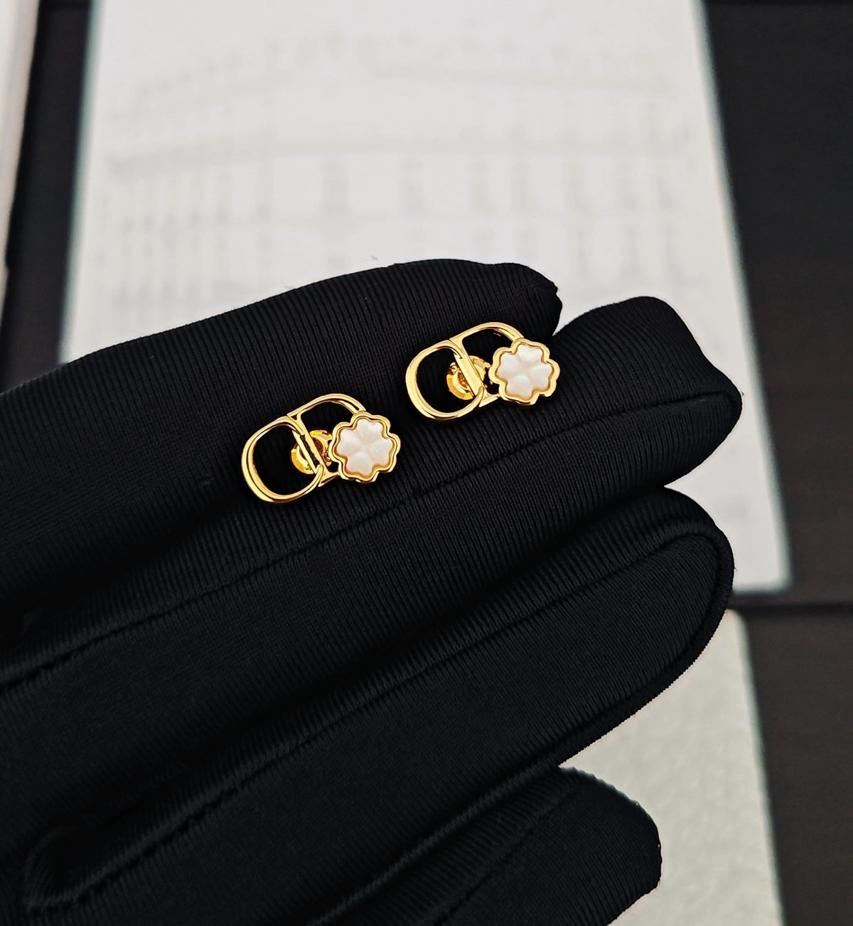 white brass floral Stud Earrings for women - alternate angle view 3