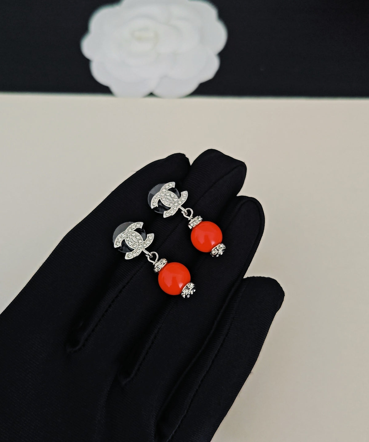 red brass pearl Drop Earrings for women - alternate angle view 3