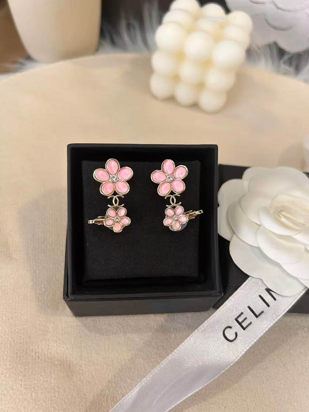 pink resin floral Stud Earrings for women - product detail view