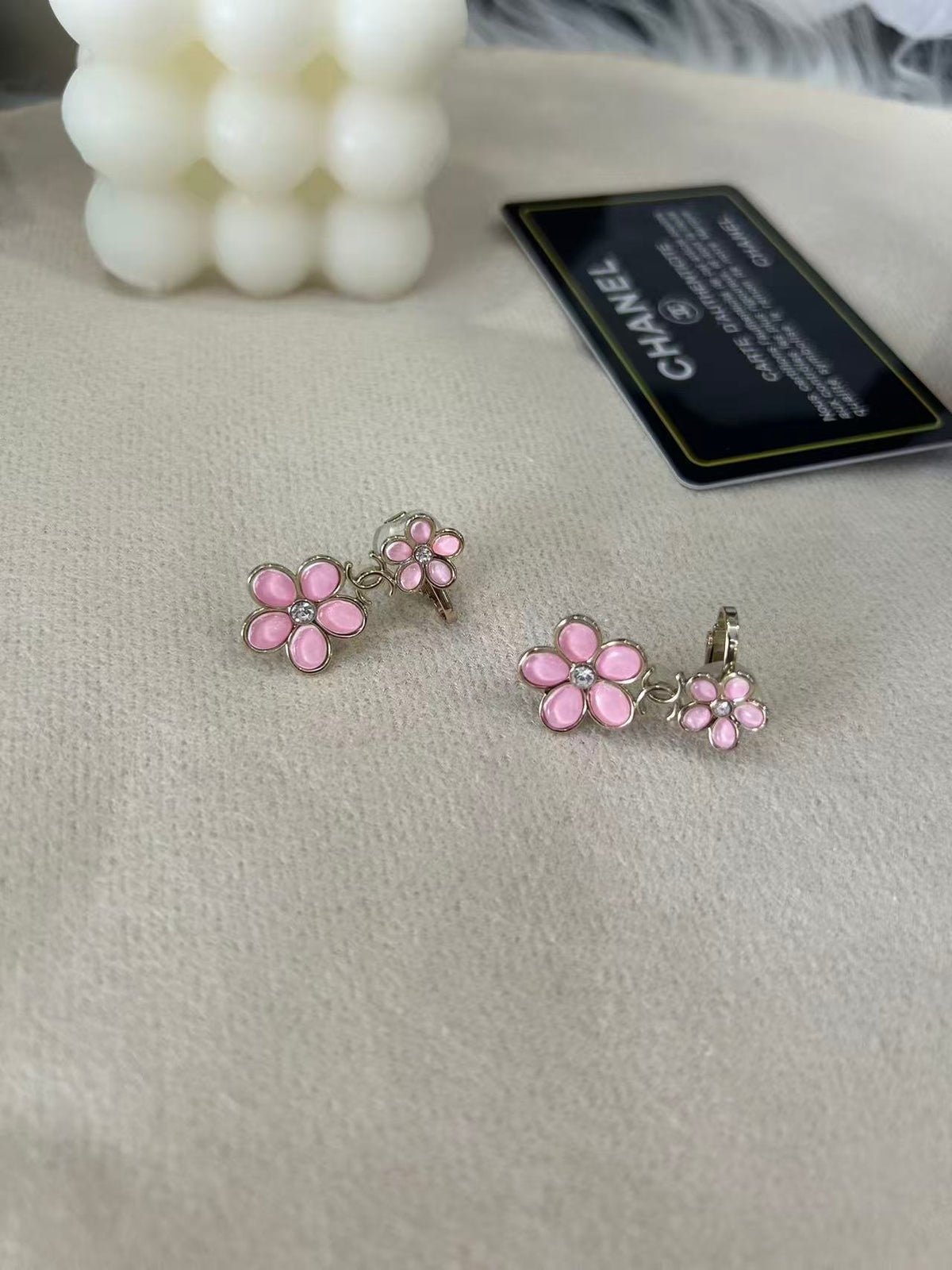 pink resin floral Stud Earrings for women - alternate angle view 2