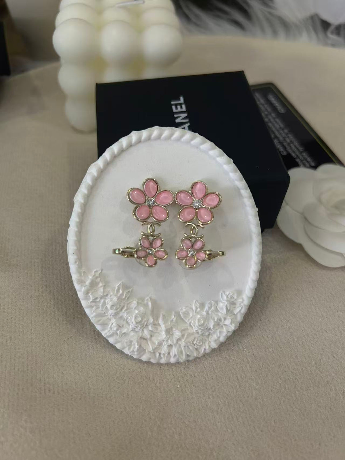 pink resin floral Stud Earrings for women - alternate angle view 5