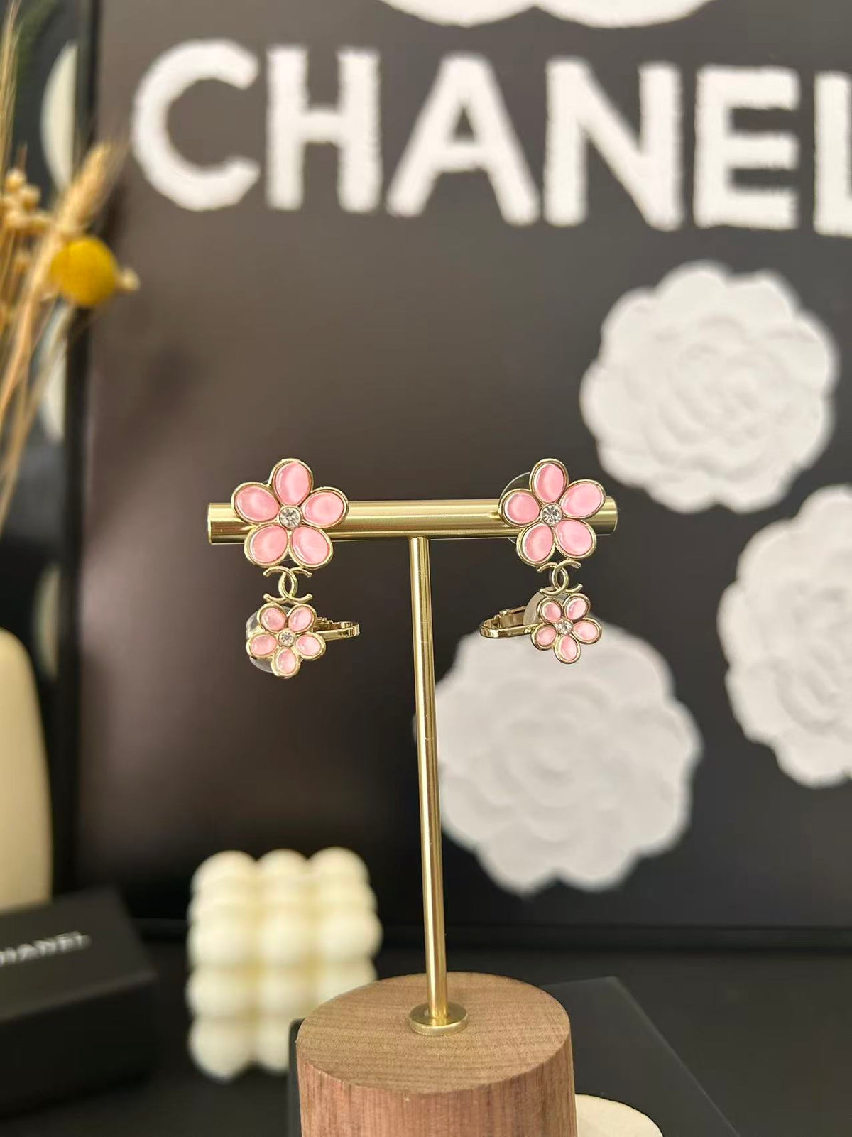 pink resin floral Stud Earrings for women - alternate angle view 6