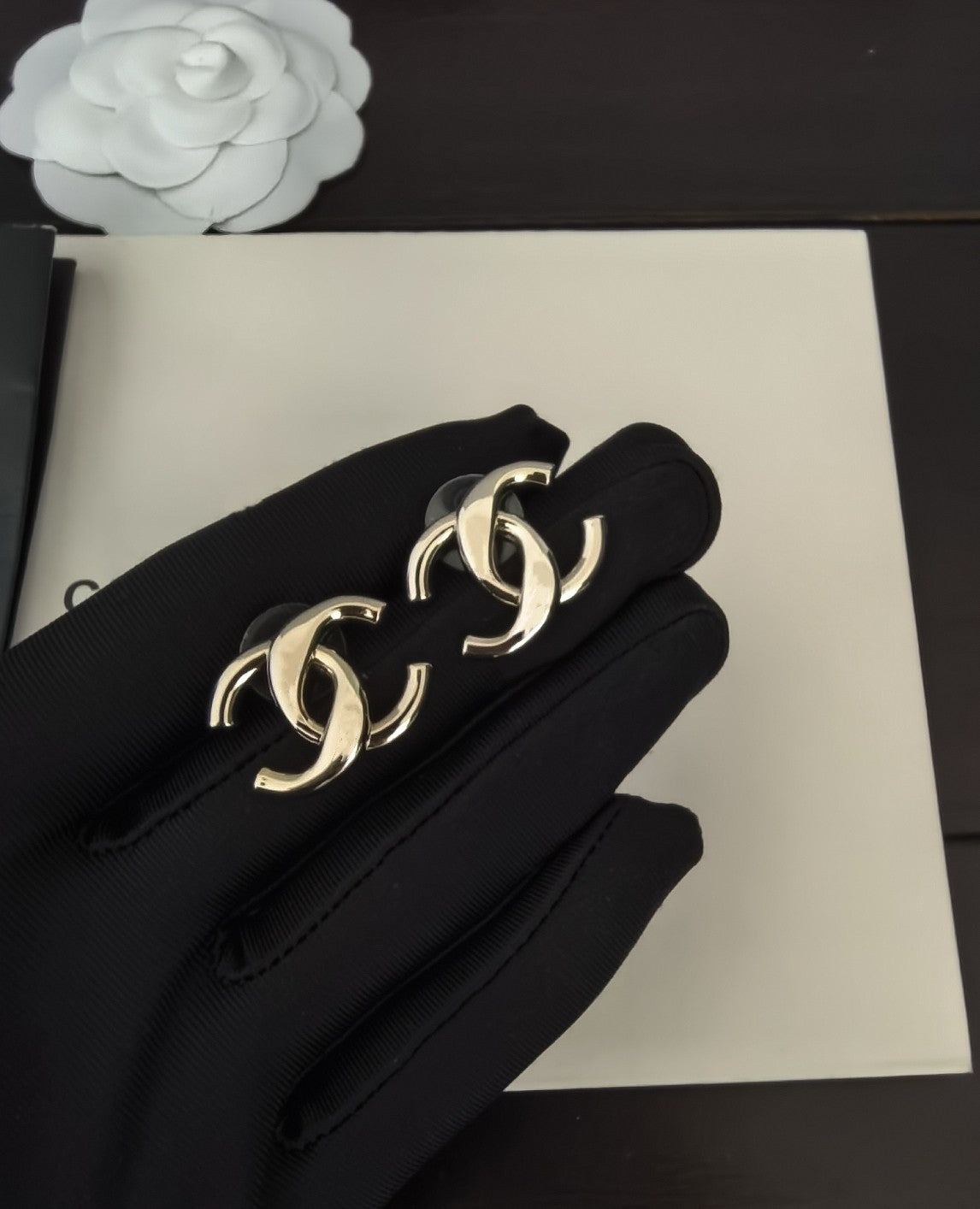 light gold brass Stud Earrings for women - alternate angle view 3