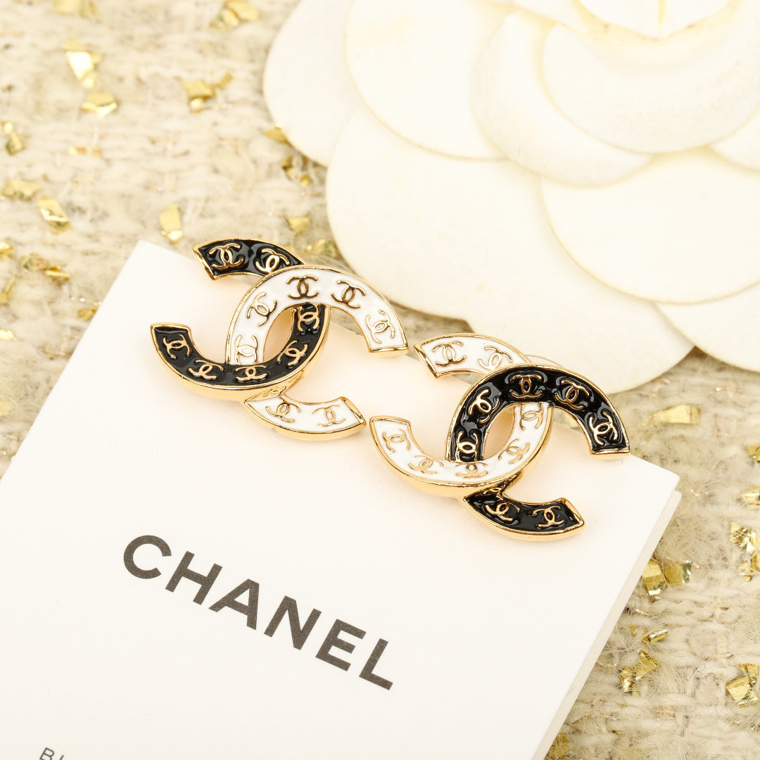 black and white brass double c Stud Earrings for women - alternate angle view 4
