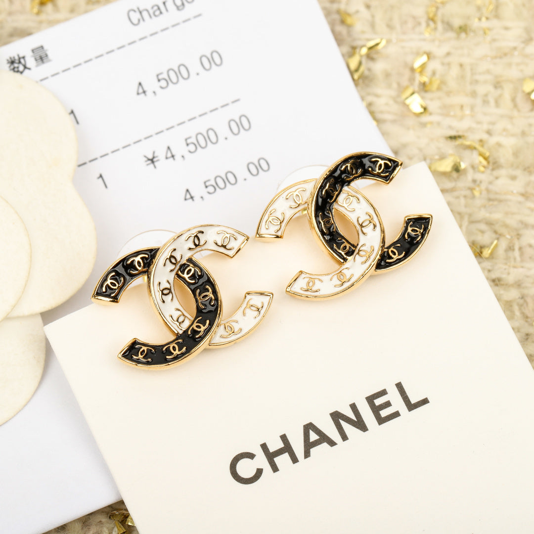 black and white brass double c Stud Earrings for women - product detail view
