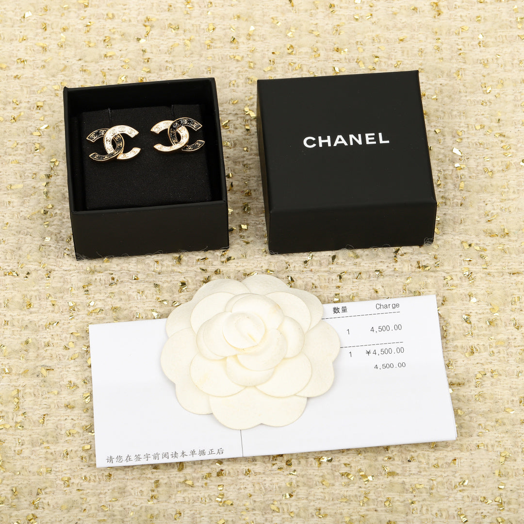 black and white brass double c Stud Earrings for women - alternate angle view 2