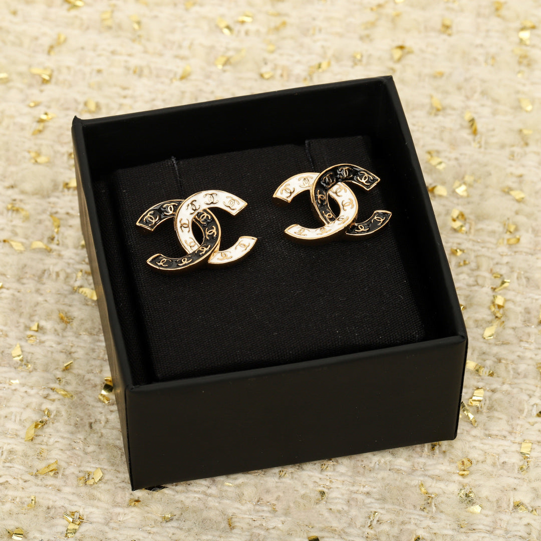 black and white brass double c Stud Earrings for women - alternate angle view 3