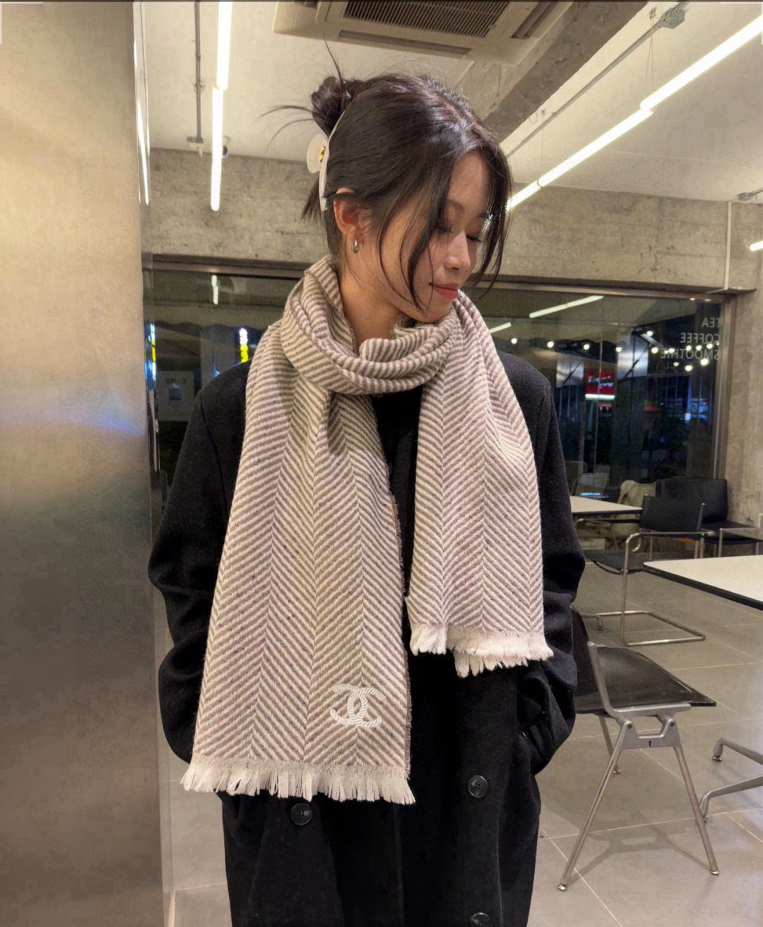 beige leather luxury Scarf for women - product detail view