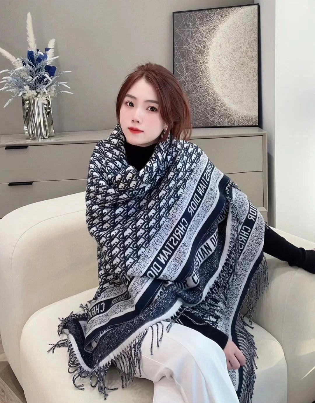beige velvet floral Shawl for women - alternate angle view 2