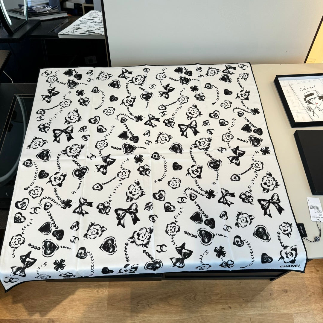black and white heart Silk Scarf for women - product detail view