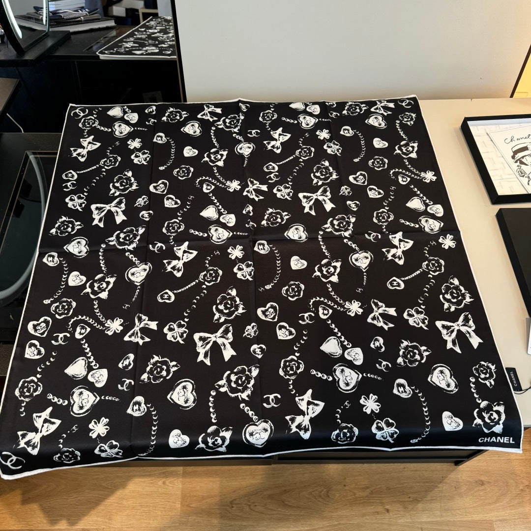 black and white heart Silk Scarf for women - product detail view