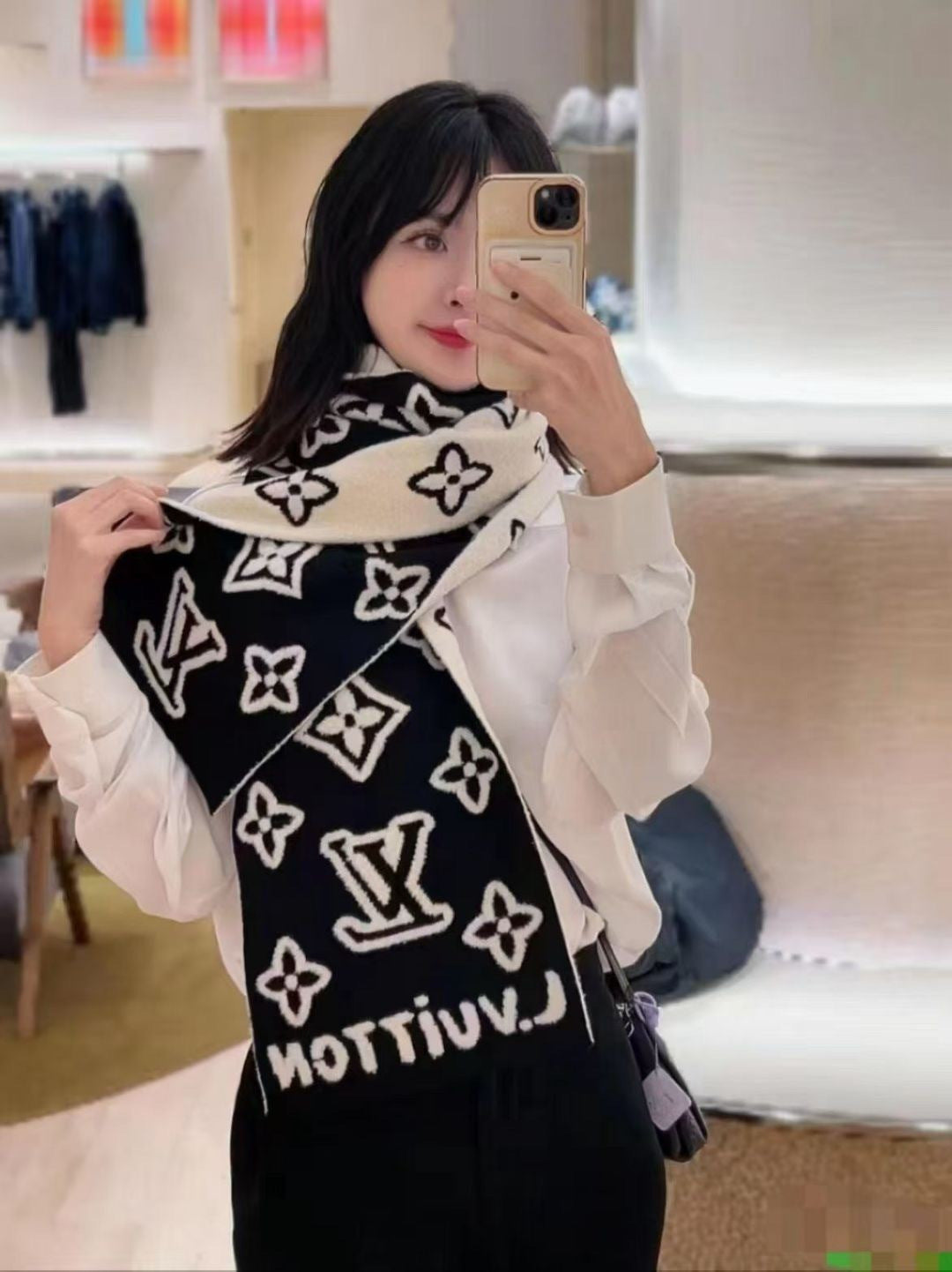 black and white velvet trendy Scarf for women - product detail view